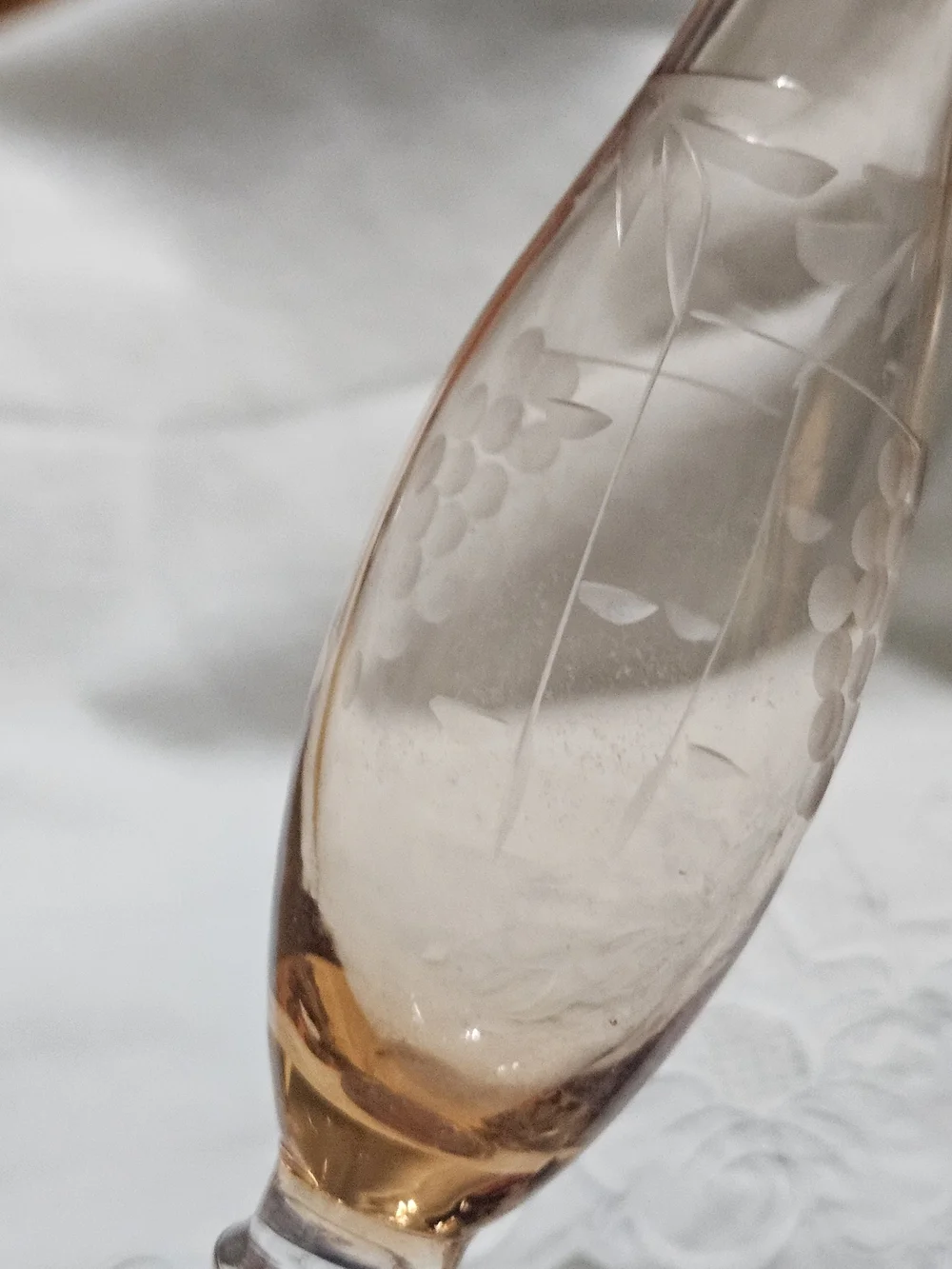 Vintage Pink Depression Footed Vase with Grapes Etched